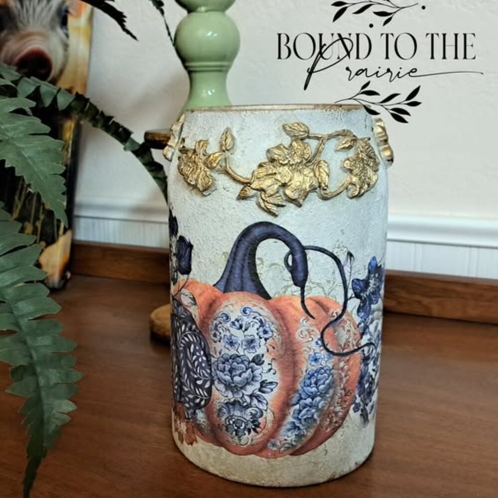 GORGEOUS BISQUE JAR!~RESTYLED WITH MINERAL PAINTS AND SWEET PUMPKIN TRANSFERS!